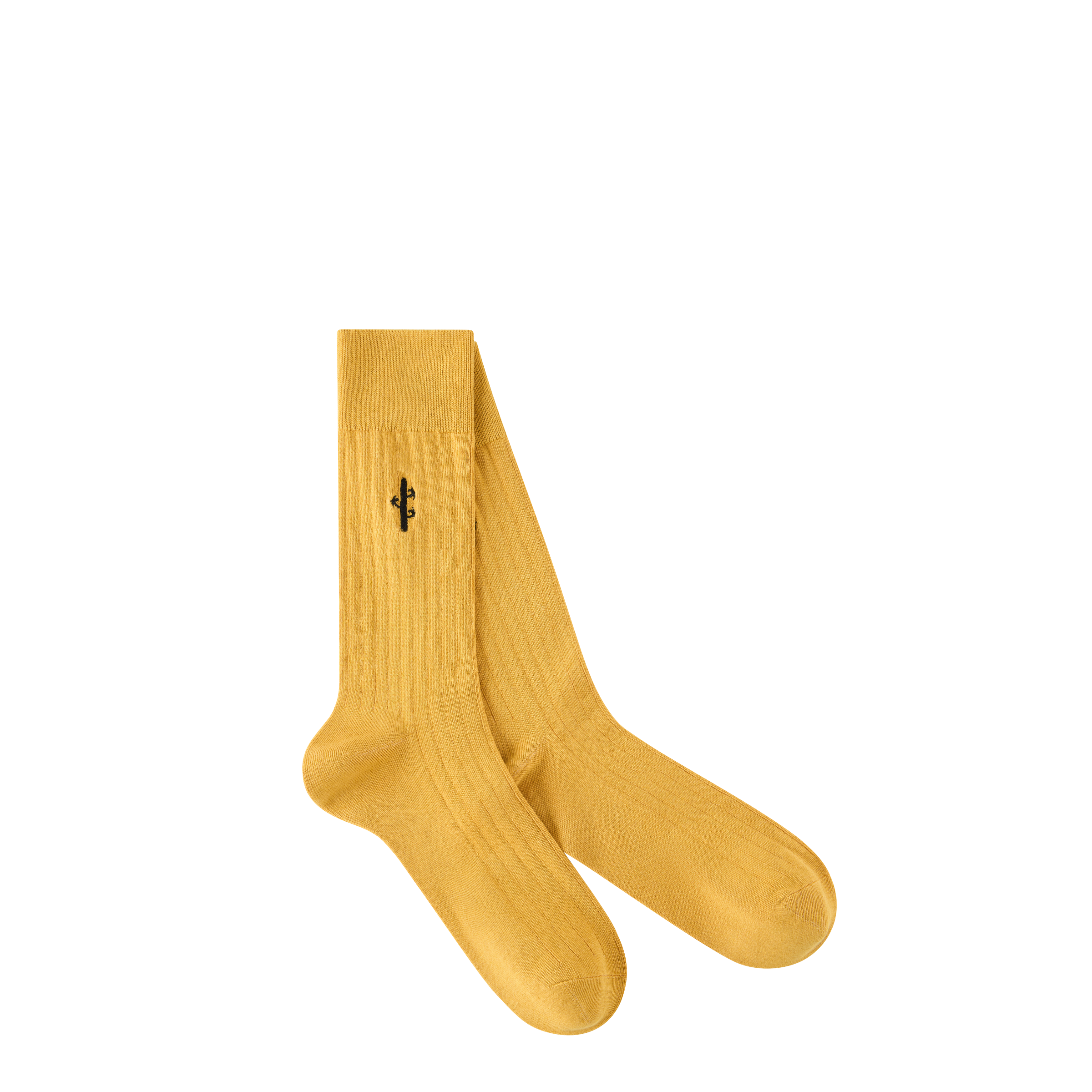 Yellow sock with a brand logo on a white background