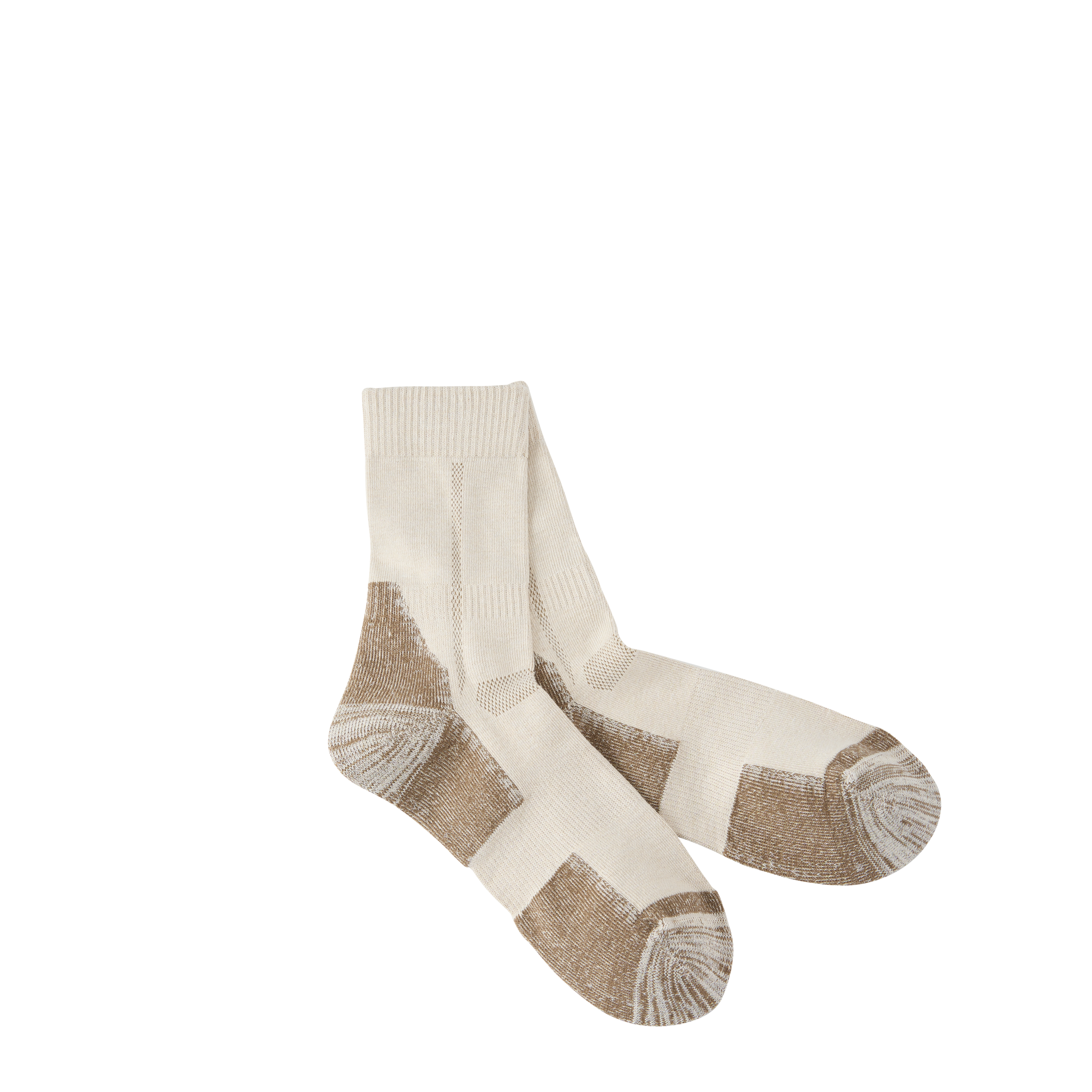 Pair of beige and white socks on a white background
