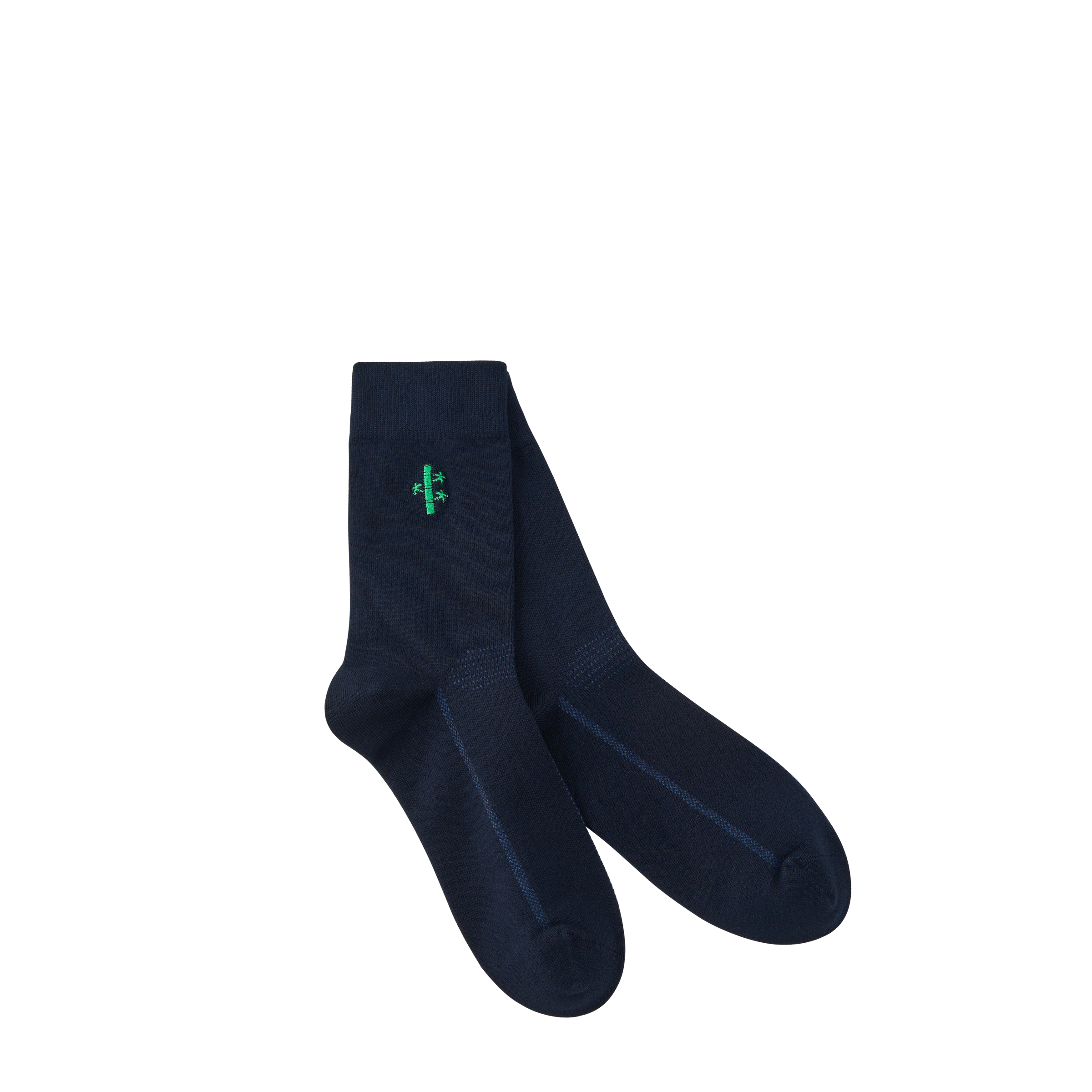 Pair of dark blue socks with a green logo on a white background