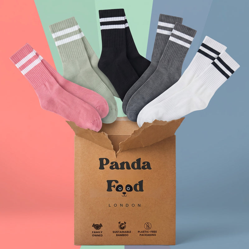 Bamboo crew socks with striped tops in coral, sage, charcoal, slate and ivory