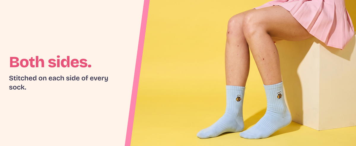 Both sides. Stitched on each side of every sock.