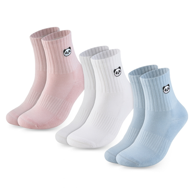 Panda Food embroidered animal bamboo socks, 3 pairs, Ivory/Blue/Pink, Panda