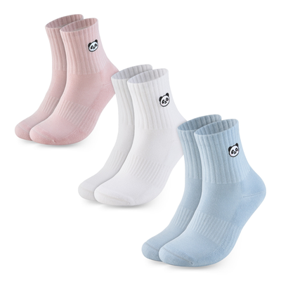 Panda Food embroidered animal bamboo socks, 3 pairs, Ivory/Blue/Pink, Panda