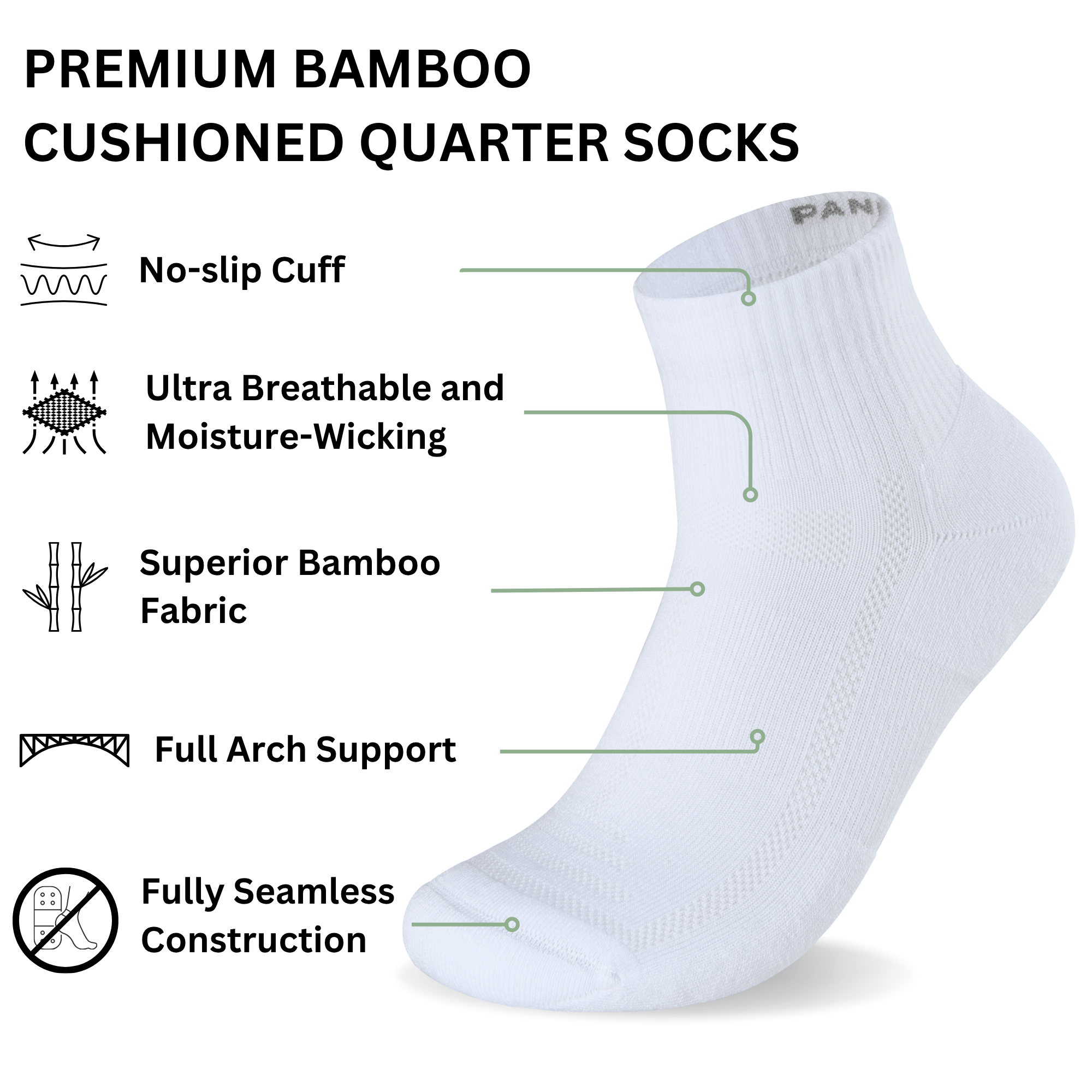 Bamboo Cushioned Quarter Socks - 3 Pairs - Black - Panda Food Bamboo Socks