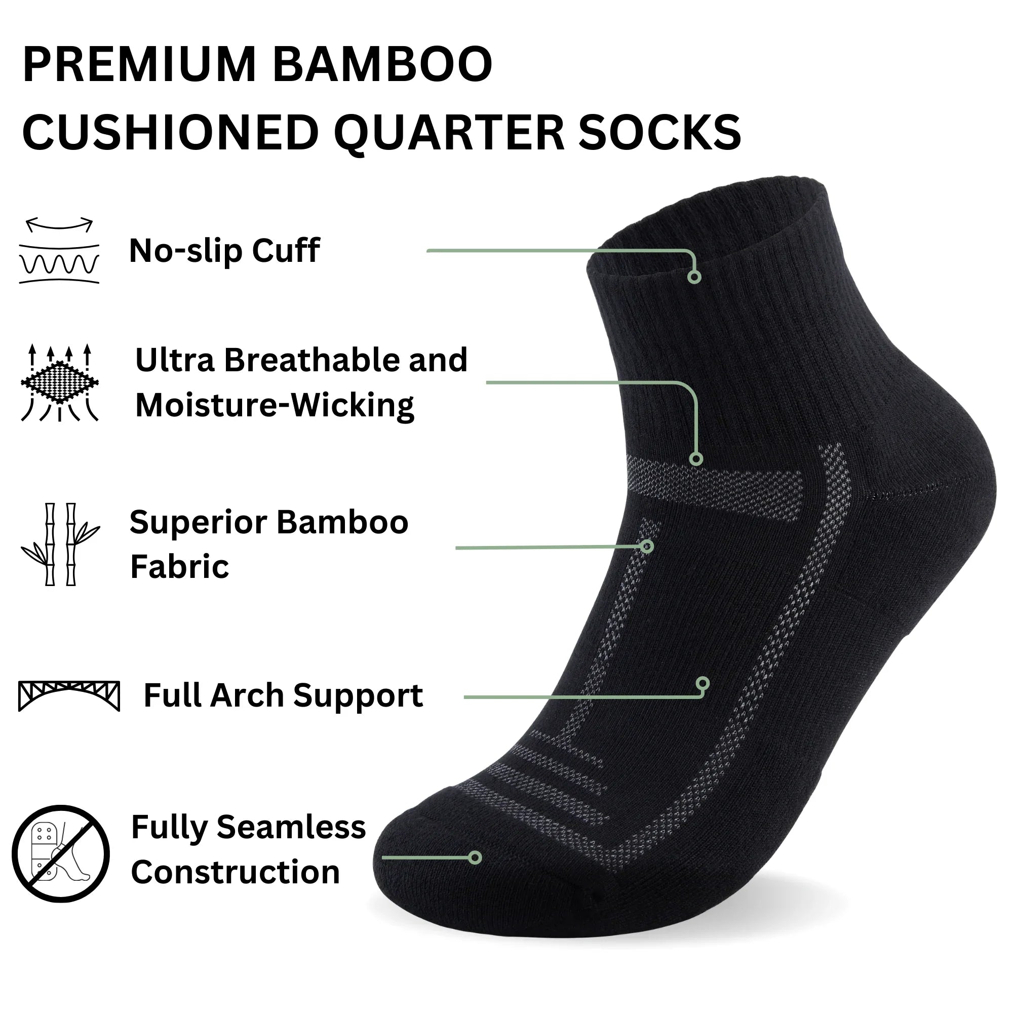 Bamboo Cushioned Quarter Socks - 3 Pairs - Black - Panda Food Bamboo Socks