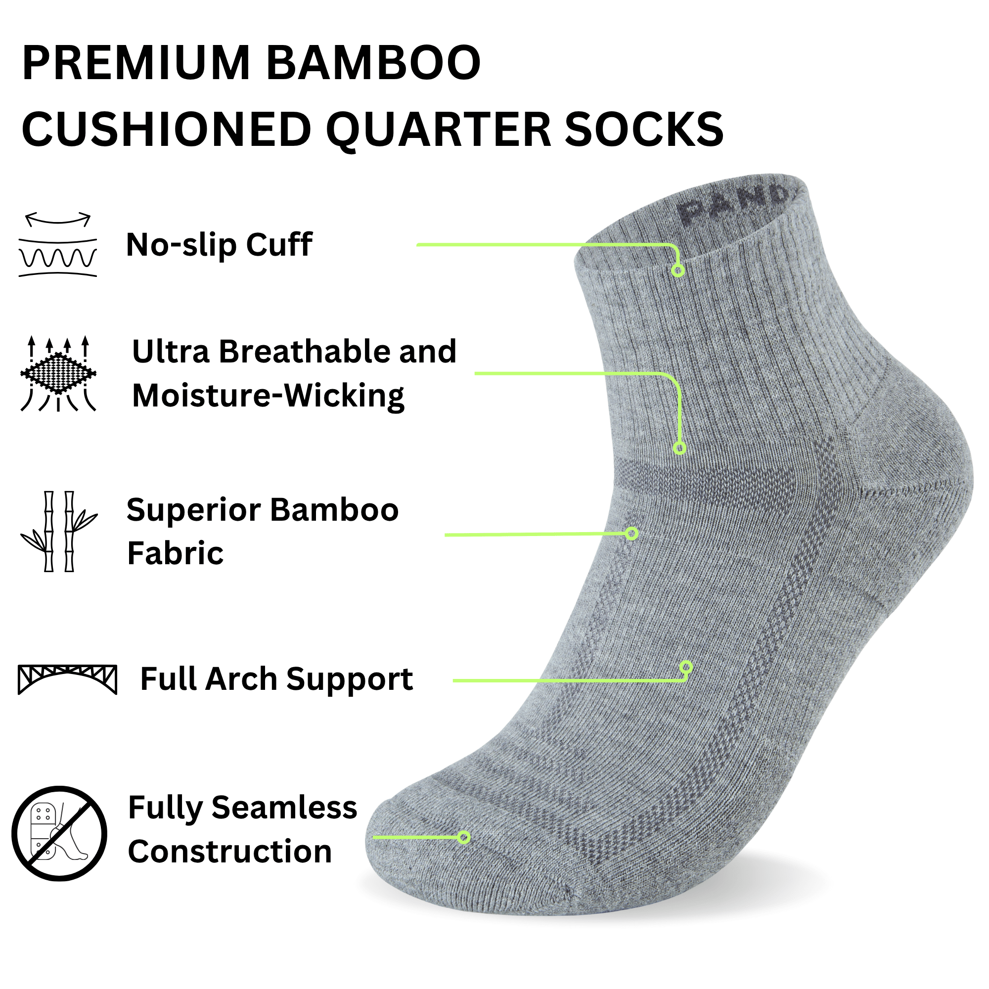 Bamboo Cushioned Quarter Socks - 3 Pairs - Black - Panda Food Bamboo Socks