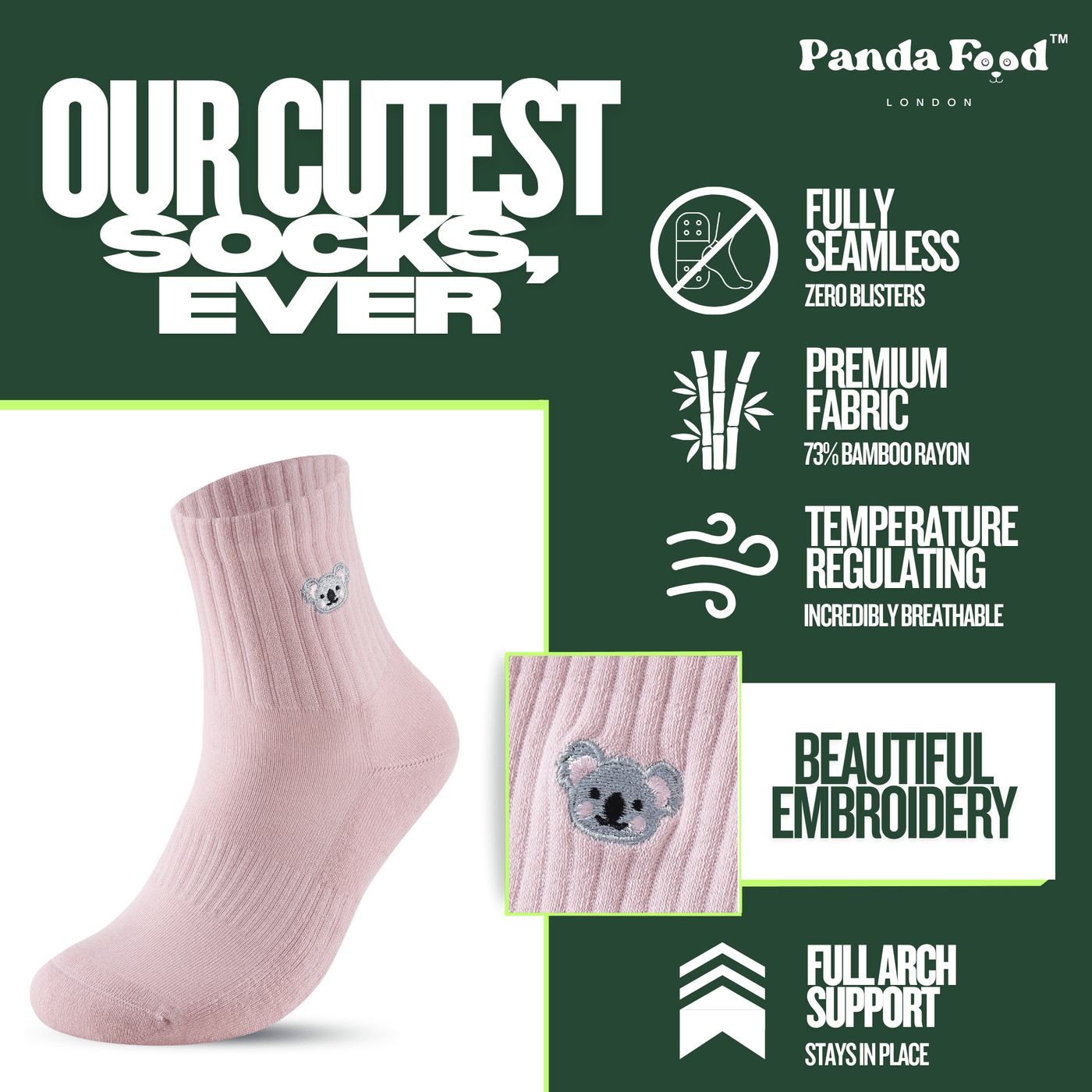 Bamboo Embroidered Animal Socks - Panda Food Bamboo Socks
