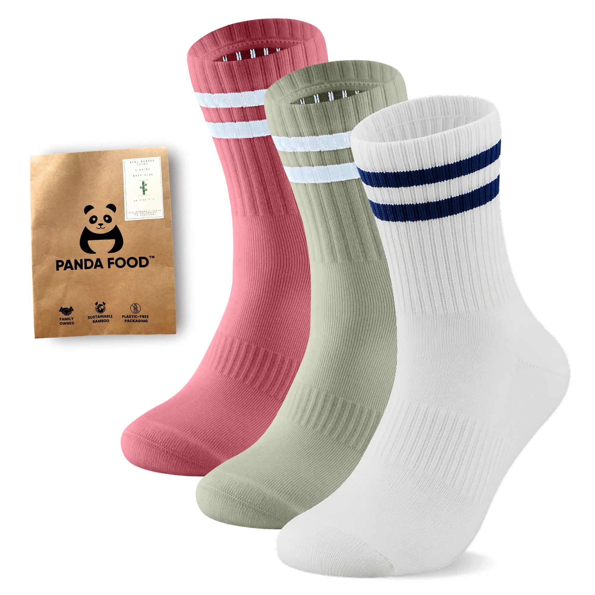 3 Pairs Premium Bamboo Crew Socks Panda Food