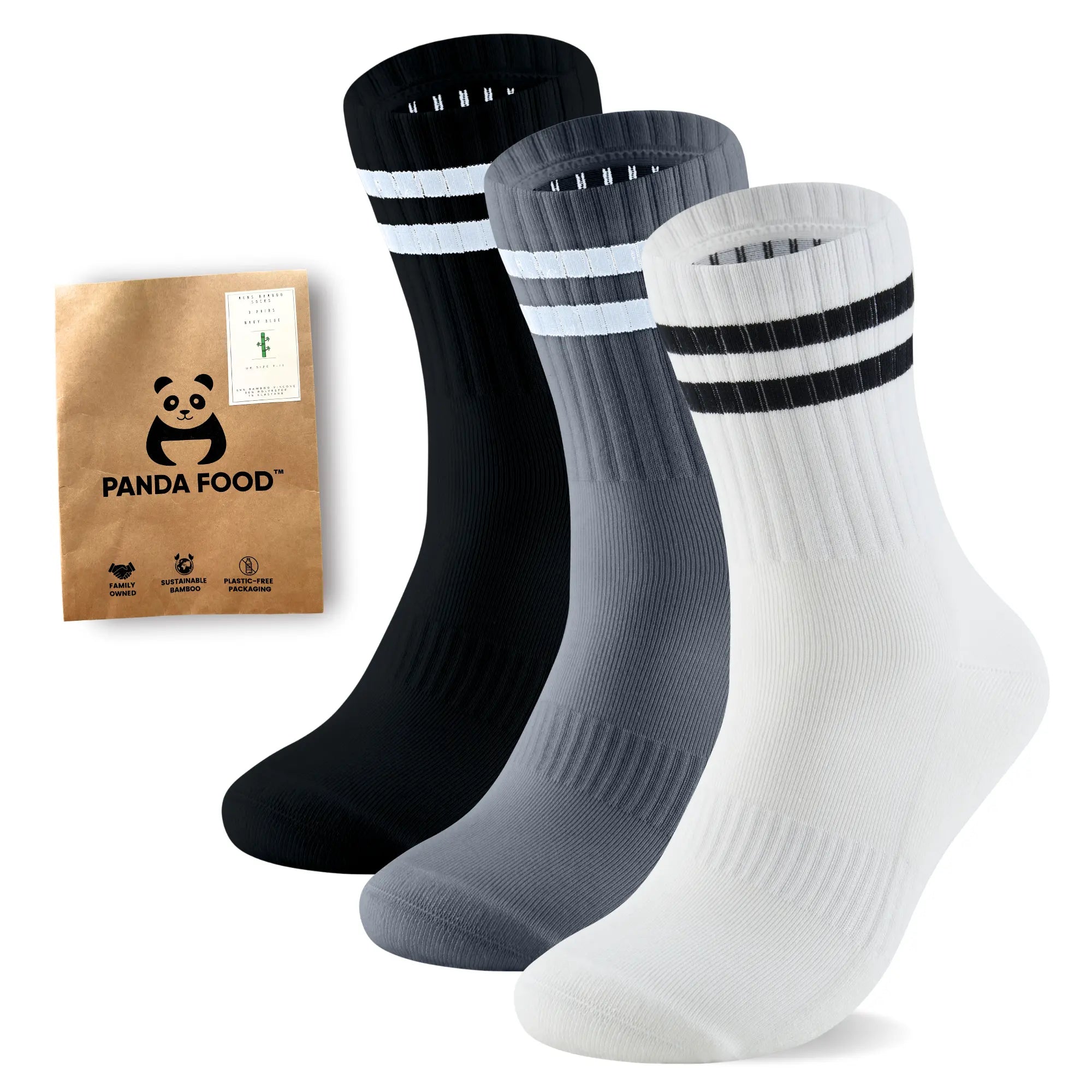 3 Pairs Premium Bamboo Crew Socks Panda Food
