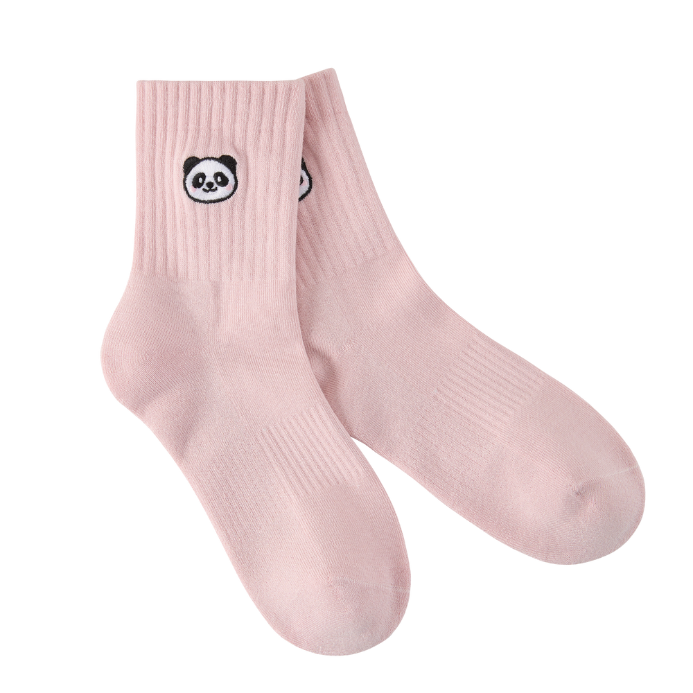 Pair of pink socks with panda design on a white background