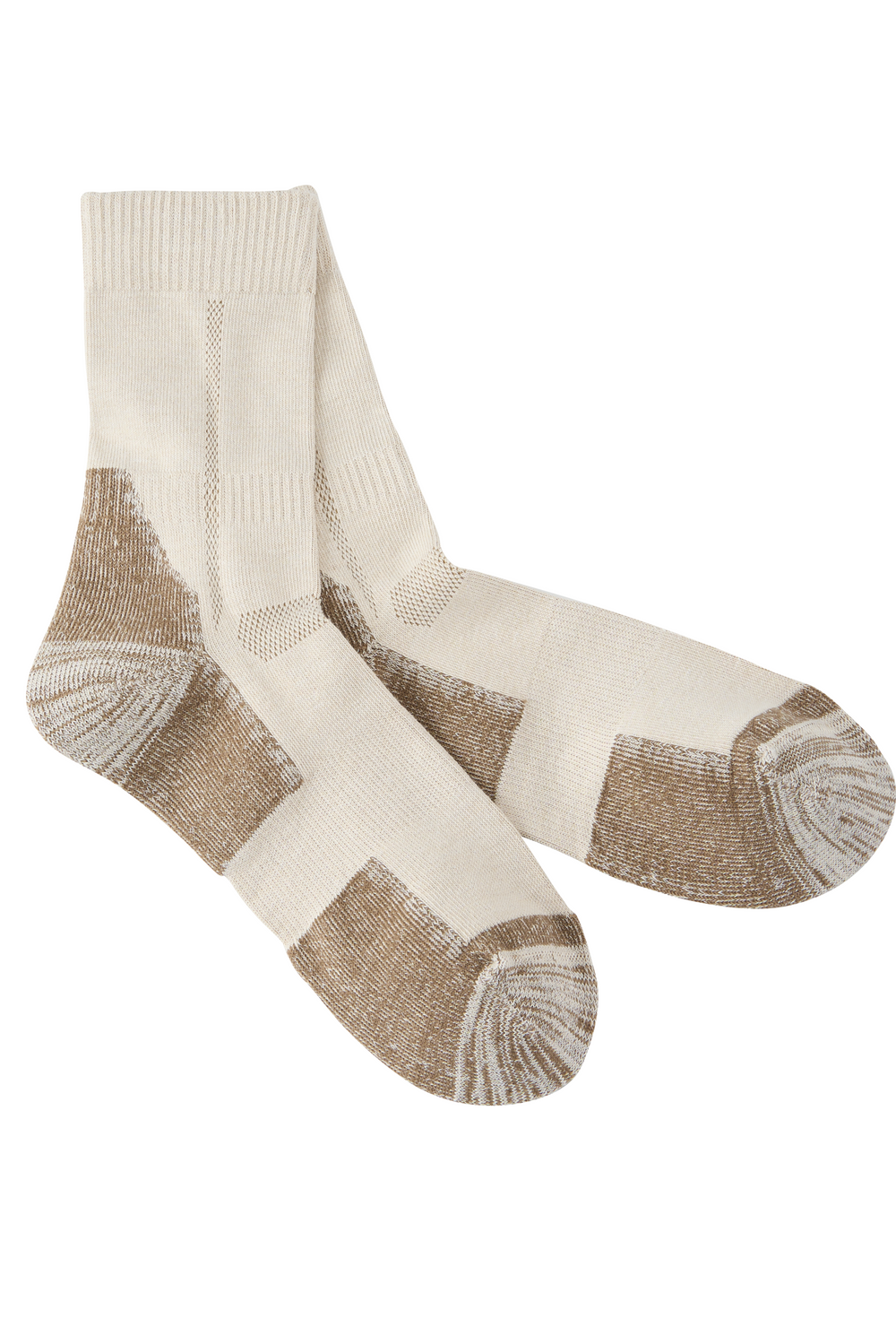 Pair of beige and brown socks on a white background