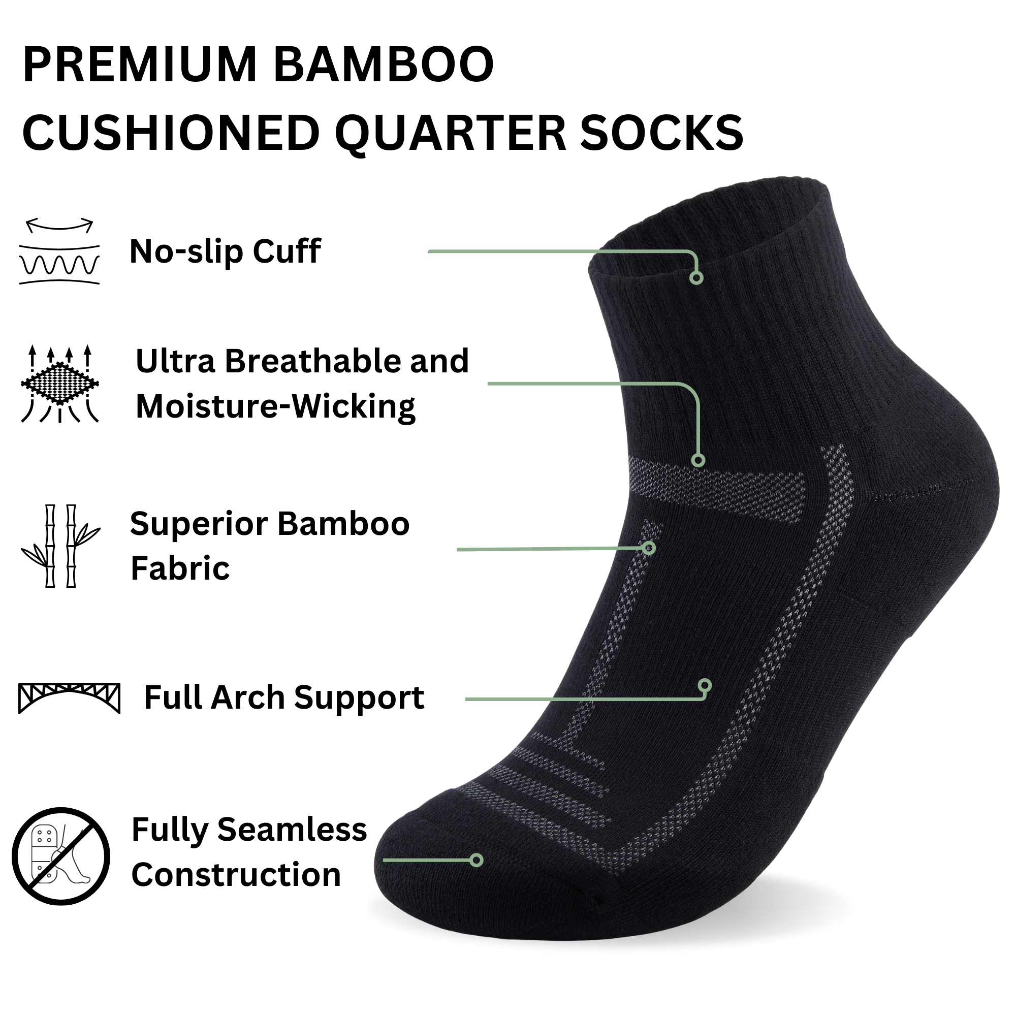 Bamboo Cushioned Quarter Socks - 3 Pairs - Black Panda Food