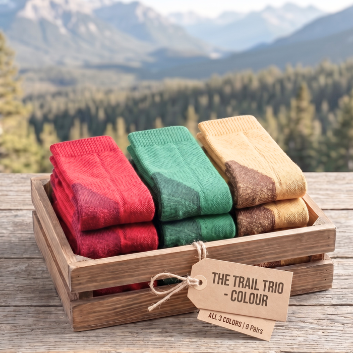 The Trail Trio — Colour | 9 Pairs of Bamboo Walking Socks | UK 7-12 Panda Food