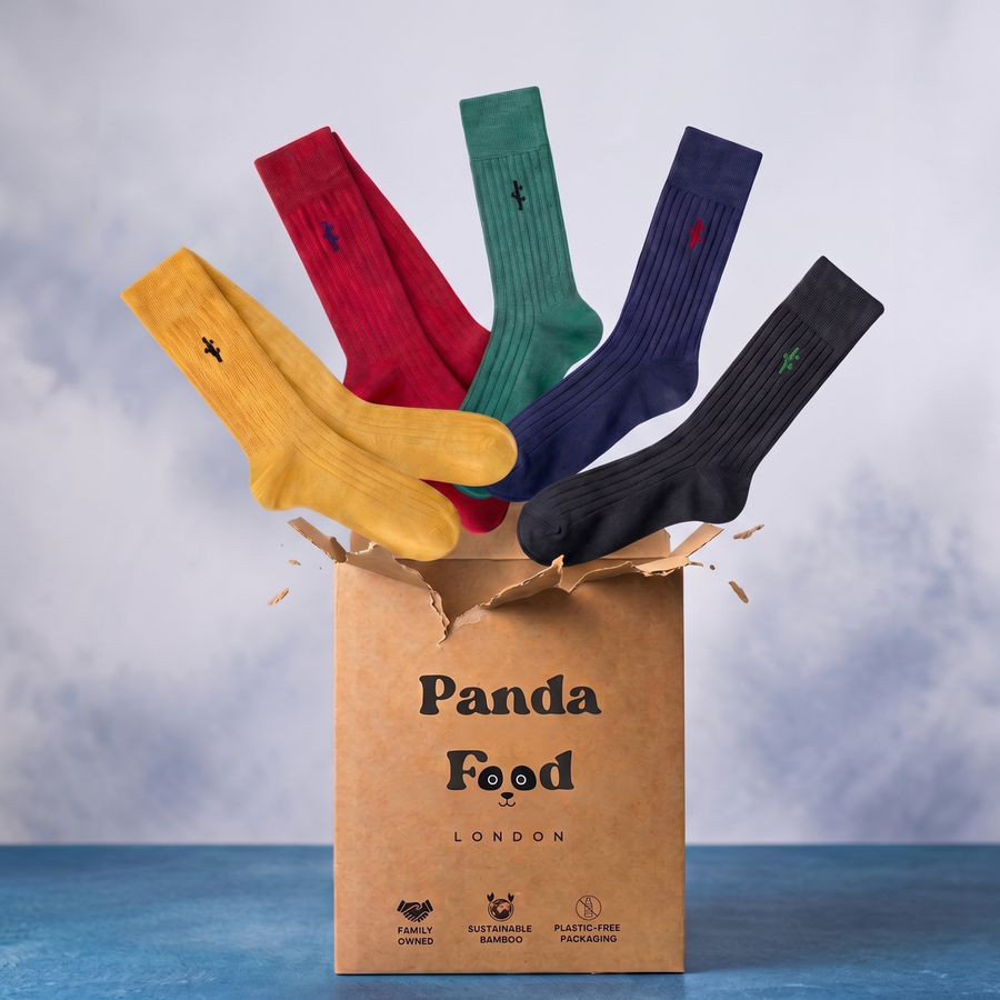 Five pairs of Panda Food ribbed crew socks fanned out of a kraft paper box
