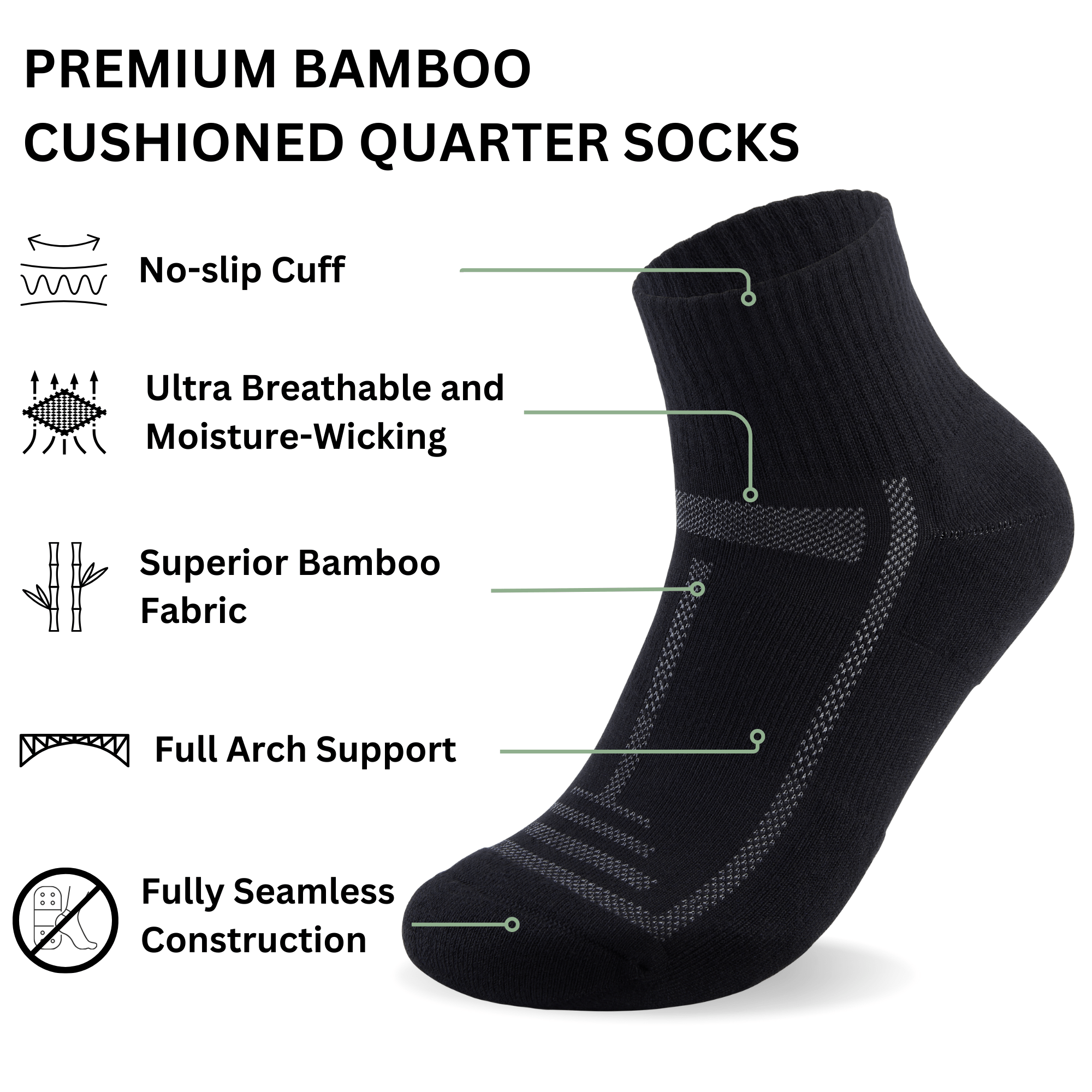 Bamboo Cushioned Quarter Socks - 3 Pairs - Black - Panda Food Bamboo Socks