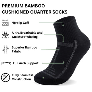 Bamboo Cushioned Quarter Socks - 3 Pairs - Black - Panda Food Bamboo Socks