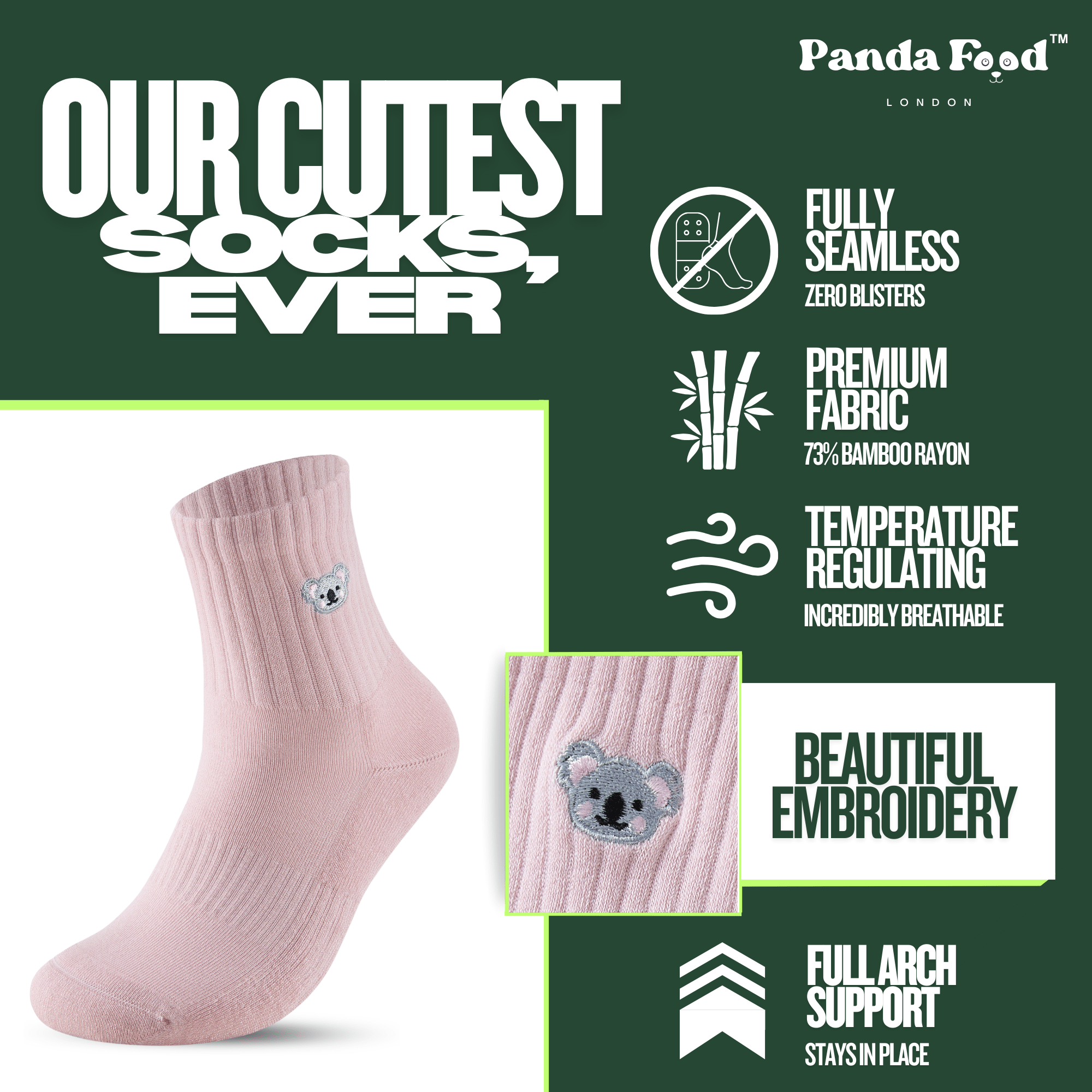 Bamboo Embroidered Animal Socks - Panda Food Bamboo Socks