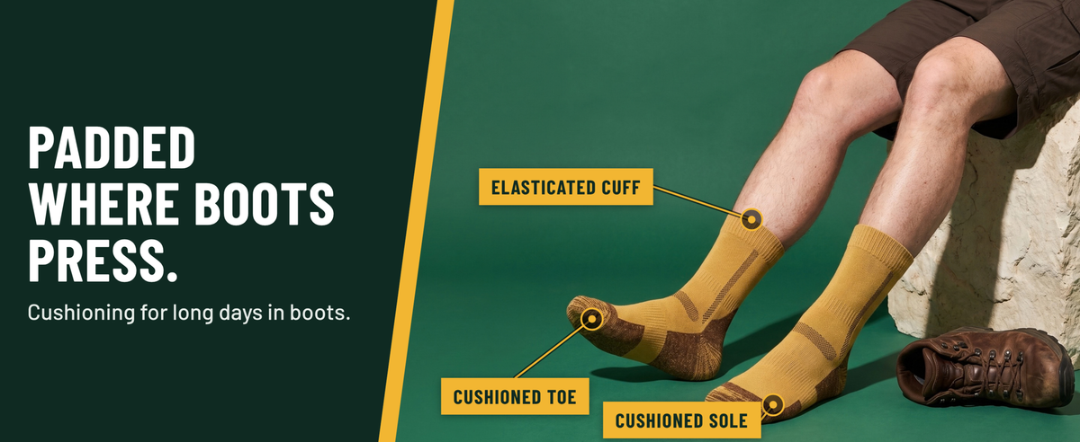 Padded where boots press. Cushioning for long days in boots.