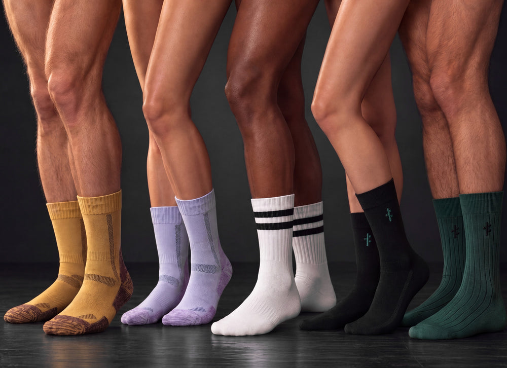 Early Black Friday: 25% off all socks. Five people in Panda Food bamboo hiking, crew, dress and ribbed socks.