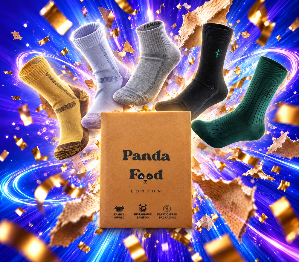Early Black Friday: 25% off all socks. Panda Food bamboo socks bursting out of a Panda Food kraft mailer.