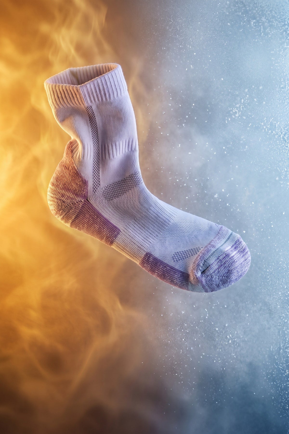 A lavender Panda Food bamboo walking sock between warm amber haze and icy blue frost