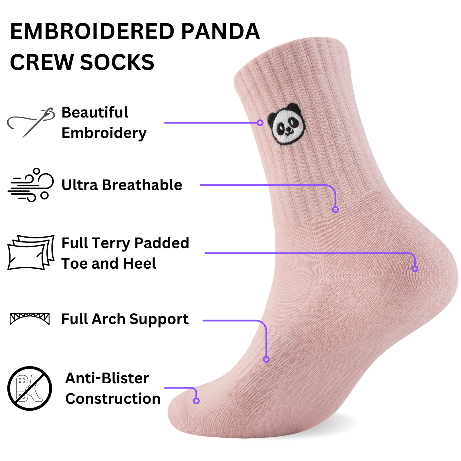 Premium Embroidered Panda Bamboo Crew Socks for Women - 3 Pairs - UK 3 - 7 - Panda Food Bamboo Socks