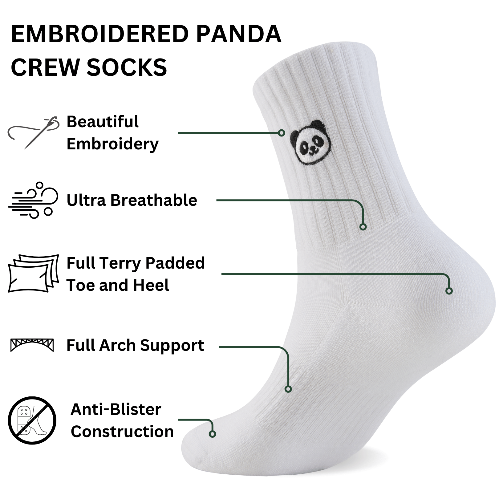 Premium Embroidered Panda Bamboo Crew Socks for Women - 3 Pairs - UK 3 - 7 - Panda Food Bamboo Socks